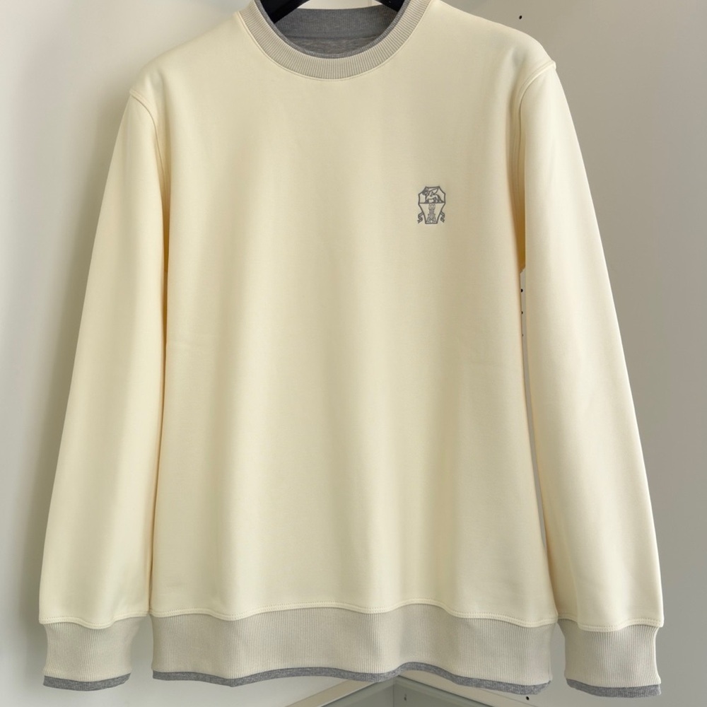 Brunello Cucinelli Cream and Gray Crewneck Sweater